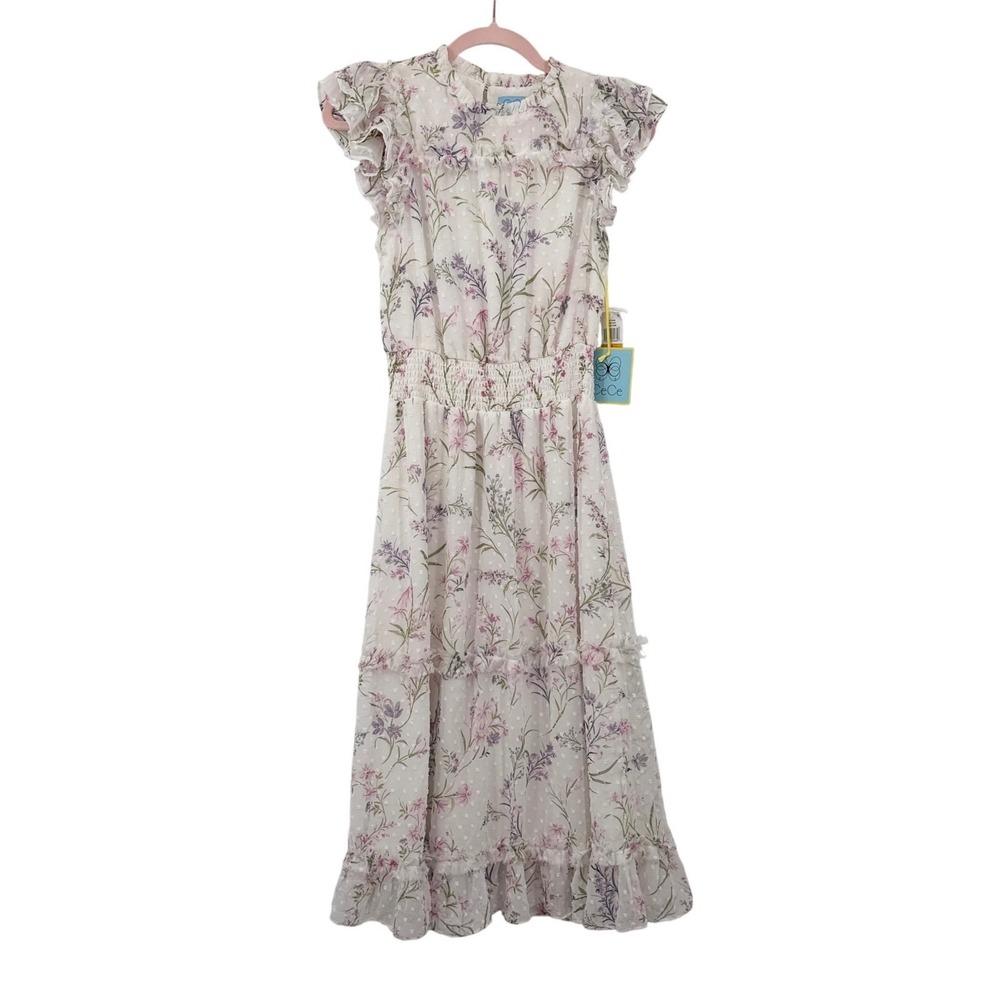 CeCe Floral Midi Dress Womens Small Ivory Vibrant Blooms Smocked Ruffle